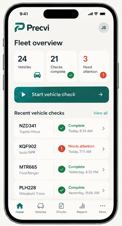 Precvi mobile app design concept showing a fleet overview and recent vehicle checks